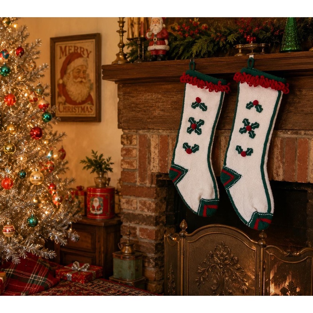 Vtg Hand Knit Christmas Stockings Set of 2 White Knit Holly Stockings Red holly